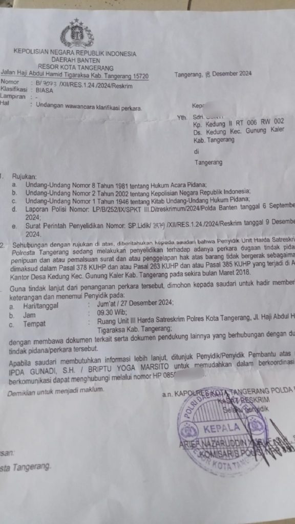 Unit Harda Satreskrim Polresta Tangerang Diduga Lambat Dalam Menangani Kasus Mafia Tanah