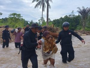 Brimob Sulteng Sigap Evakuasi Warga Terdampak Banjir dan Tanah Longsor di Kabupaten Tolitoli