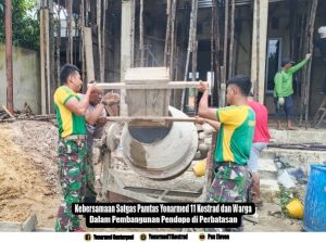 Kebersamaan Satgas Pamtas Yonarmed 11 Kostrad dan Warga dalam Pembangunan Pendopo di Perbatasan