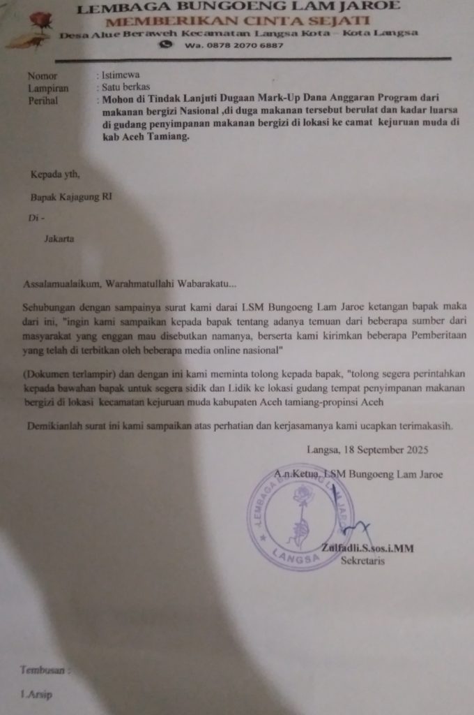 Bung “Zulfadli”, Aktivis LSM Bungoeng Lam Jaroe Aceh, Kembali Surati Kepala Kejaksaan Agung Republik Indonesia Di DKI Jakarta.