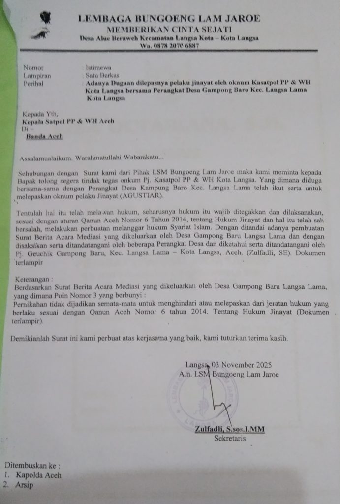 Bung “Zulfadli”, Selaku Aktivis LSM BLJ Aceh Di Kota Langsa, Layangkan Surat Ke Kasat Pol PP Dan W.H Tembusan Bapak Kapolda Aceh Di Banda Aceh.