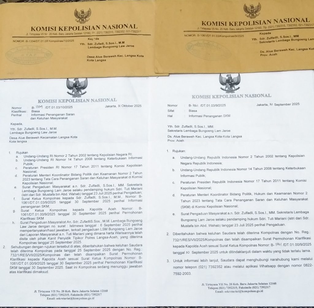 LSM Bungoeng Lam Jaroe Aceh, Terima 2 Pucuk Surat Dari Kantor Kompolnas-RI Di Jakarta Selatan.