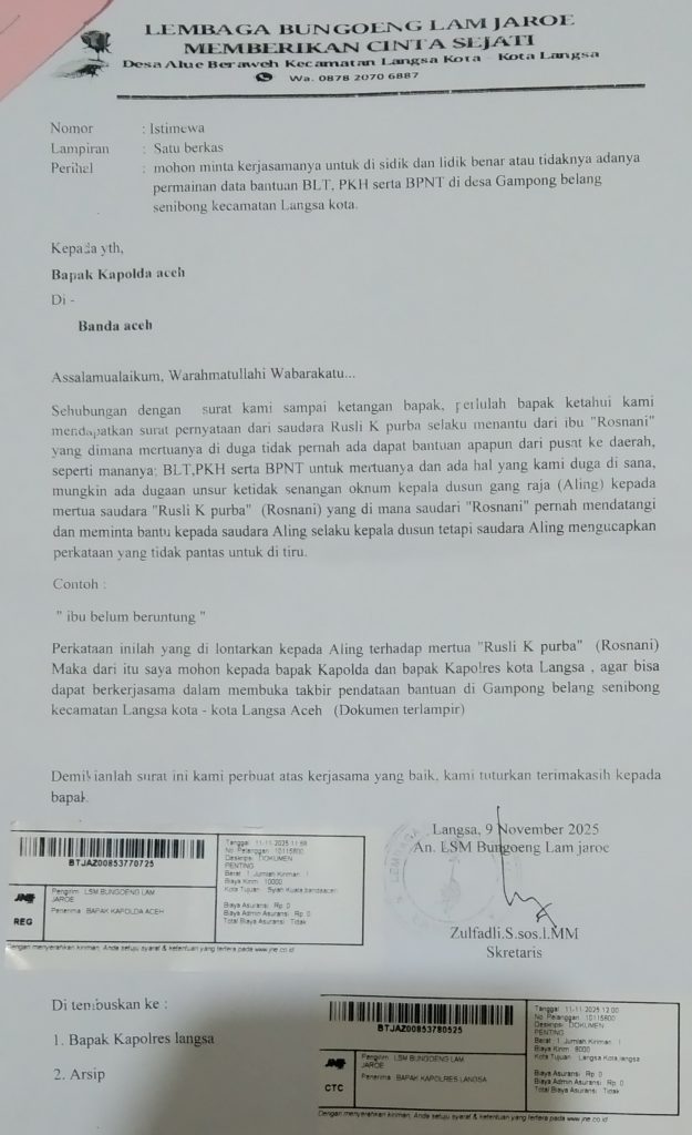 Aktivis LSM Bungoeng Lam Jaroe, Layangkan Surat Ke Pihak Kapolda Aceh Dan Kapolres Langsa.