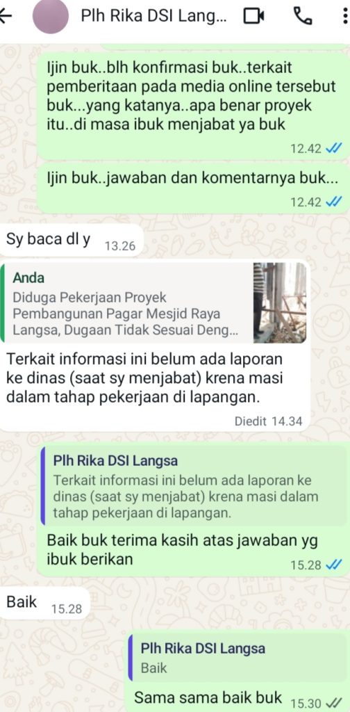Terkait Pekerjaan Proyek Pembangunan Pagar Mesjid Raya “Agung” Di Kecamatan Langsa Kota.