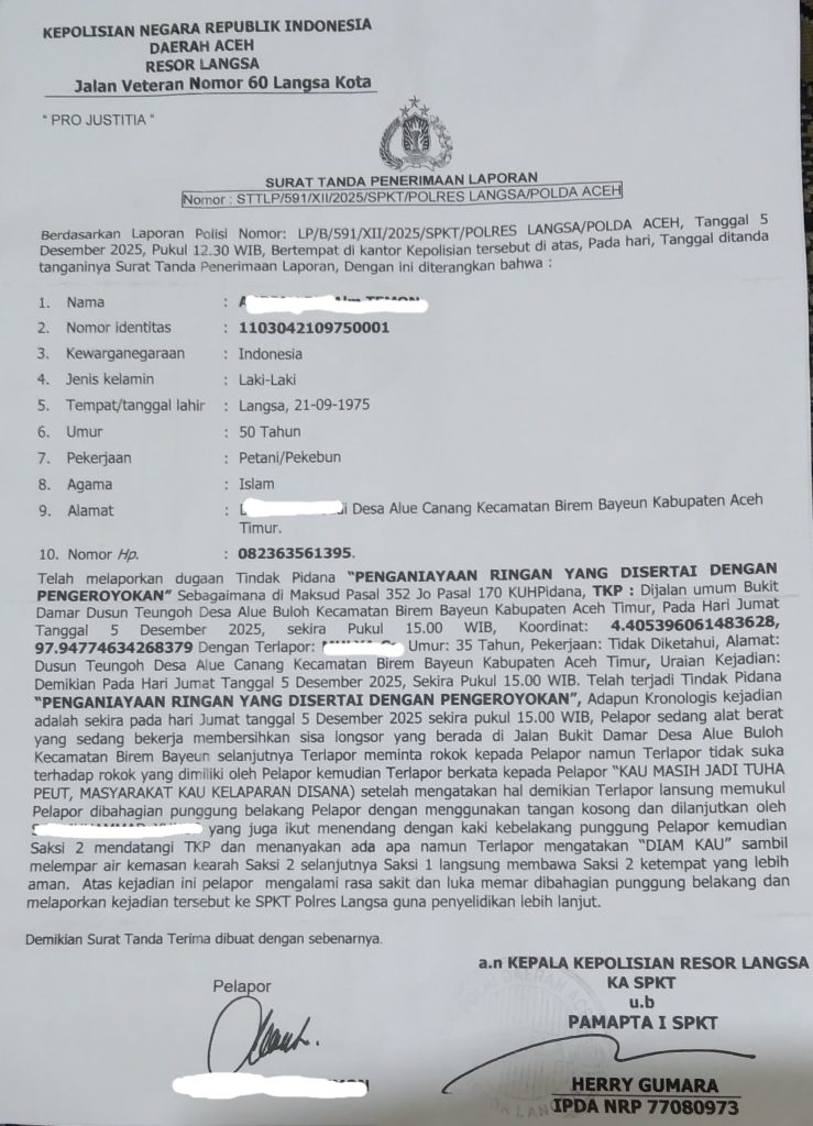 Atas Laporan Polisi, Dugaan Kasus Penganiayaan Serta Pengeroyokan, Sebagai Korban Ketua Tuha Phet Alur Canang.